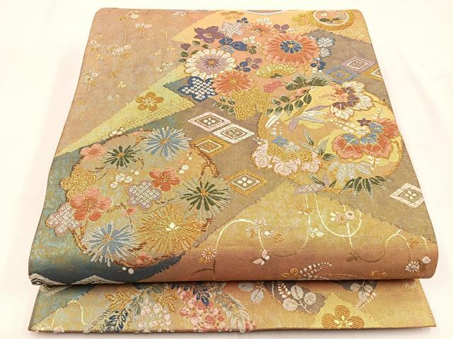 平和屋着物◎六通柄袋帯 唐織 松皮花の丸紋 金銀糸 引箔 正絹 逸品 BAAV2873hj