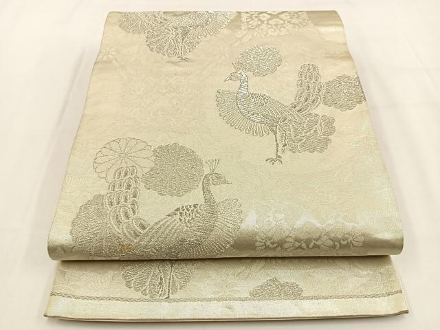 平和屋着物◎六通柄袋帯 孔雀 銀糸 正絹 逸品 BAAV2948hj