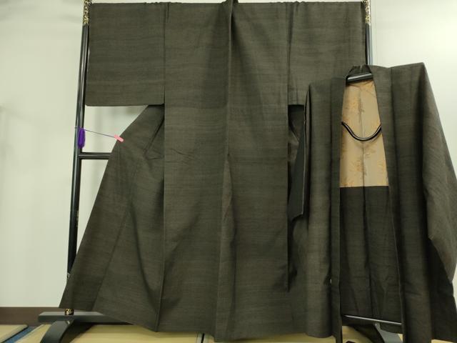 平和屋本店●極上 男性 紬 アンサンブル キングサイズ 長羽織 濃い赤墨色 逸品 DZAB3407kh6