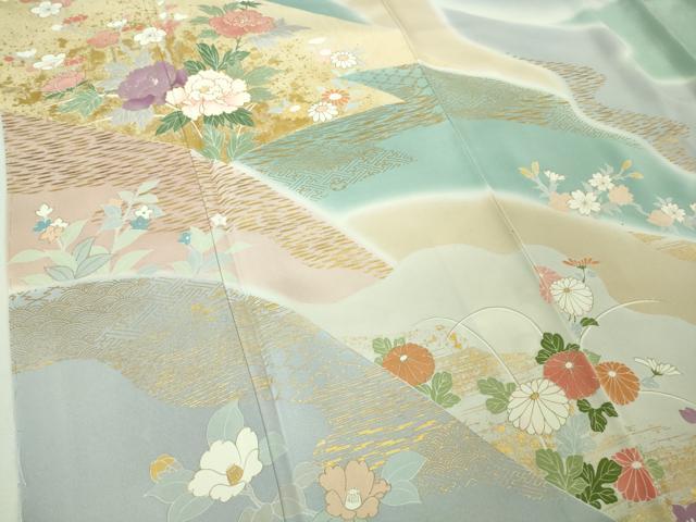 平和屋本店●極上 創業460年・千總 訪問着 駒刺繍 吉祥花文 暈し染め 秘色色地 金彩 逸品 未使用 DZAA4115kh6