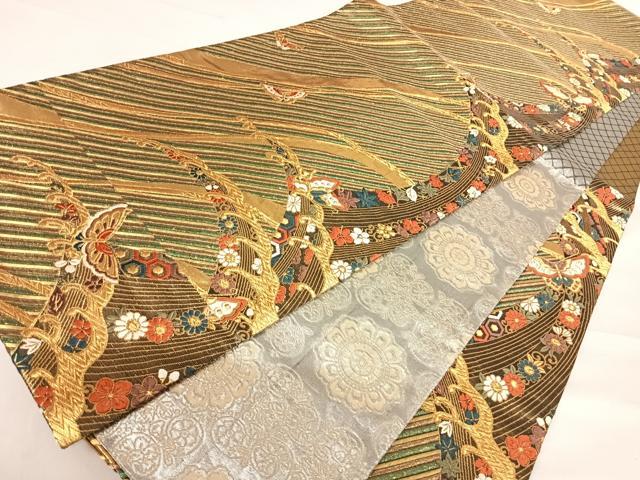 平和屋着物◎両面六通柄袋帯 唐織 立波花蝶文 金糸 正絹 逸品 AABD5730yx