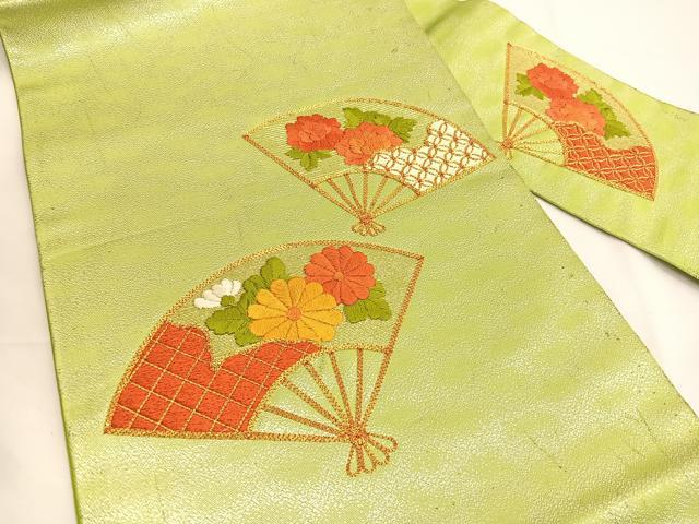 平和屋着物◎九寸名古屋帯 総刺繍 駒刺繍 扇面花文 正絹 逸品 BAAV8987hv