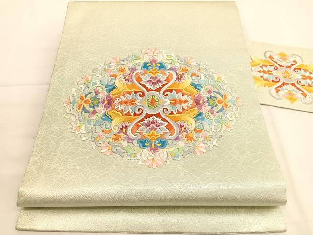 平和屋着物◎九寸名古屋帯 総刺繍 更紗飾花文 銀糸 正絹 逸品 BAAV9424hv