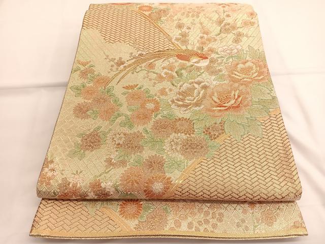 平和屋着物◎宝珠本佐賀錦 六通柄袋帯 尾長鳥籬花文 金糸 正絹 逸品 BAAV9480hv