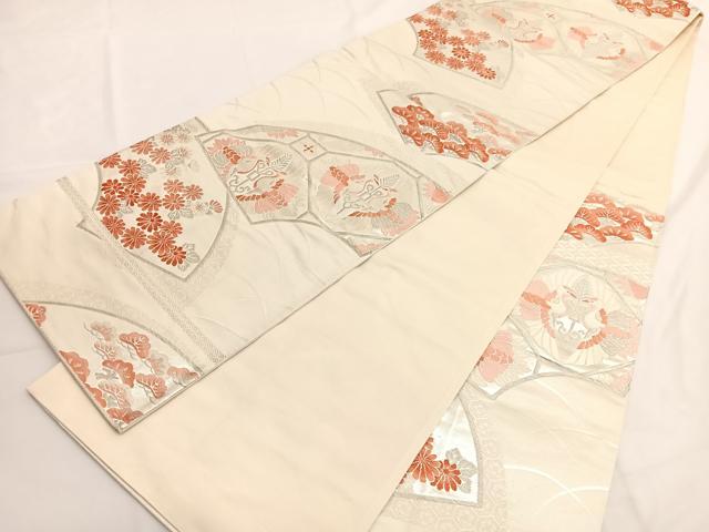 平和屋着物◎西陣 六通柄袋帯 唐織 地紙双鶴花文 銀糸 正絹 逸品 BAAV9496hv