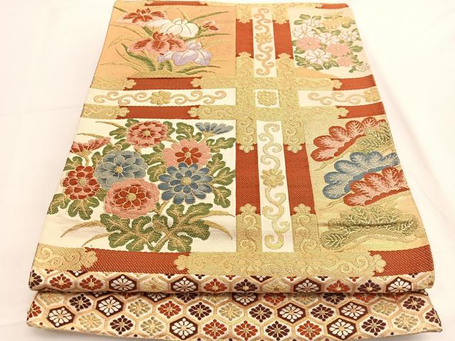 平和屋着物◎六通柄袋帯 唐織 格天井花文 金糸 正絹 逸品 BAAV9499hv