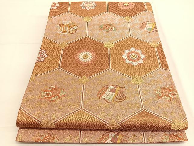平和屋着物◎六通柄袋帯 扇面亀甲花文 金糸 正絹 逸品 BAAV9504hv
