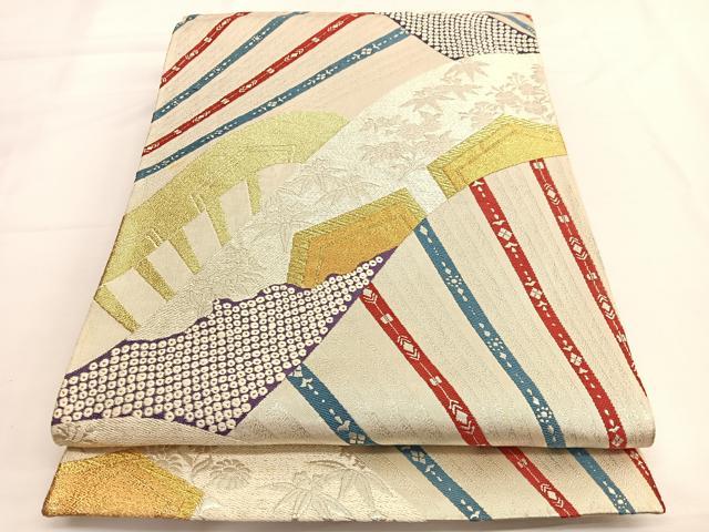 平和屋着物◎六通柄袋帯 片輪車花文 金銀糸 正絹 逸品 BAAV9618hv