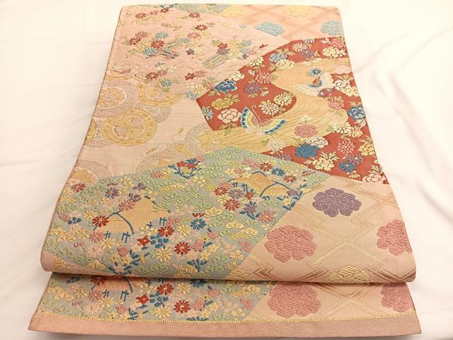 平和屋着物◎六通柄袋帯 唐織 花蝶風景文 金銀糸 正絹 逸品 BAAV9616hv