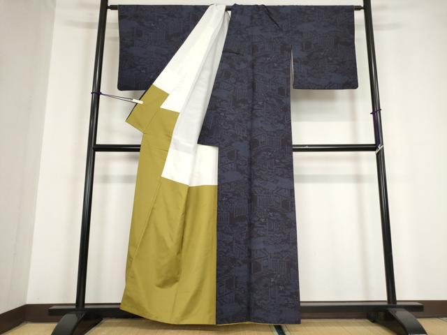 平和屋着物●結城紬 雲取り風景文 80亀甲 正絹 逸品 DAAY9659az