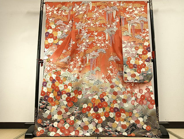 平和屋着物○豪華振袖 駒刺繍 舞花文 金彩 正絹 逸品 AABD8589fy