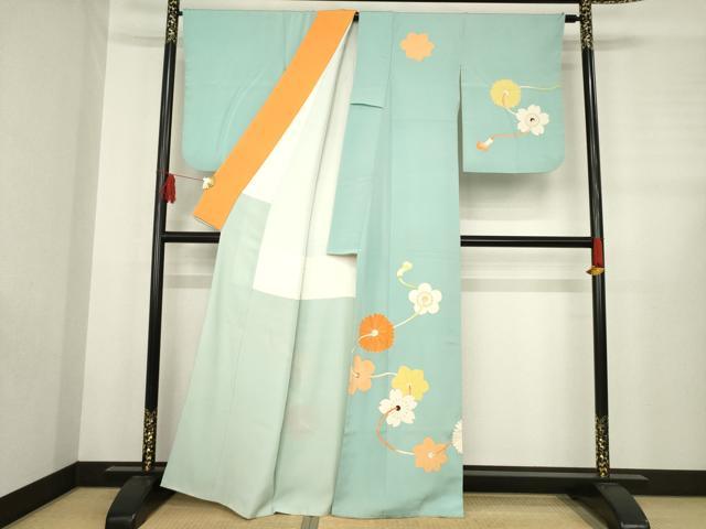 平和屋着物●銀座 志ま亀 訪問着 花繋ぎ 水浅葱色地 金彩 たとう紙付き 正絹 逸品 AABD9933ck
