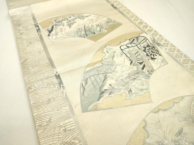 平和屋着物▼太鼓柄袋帯 総刺繍 地紙御所車花文 銀糸 正絹 逸品 DAAZ6425fe