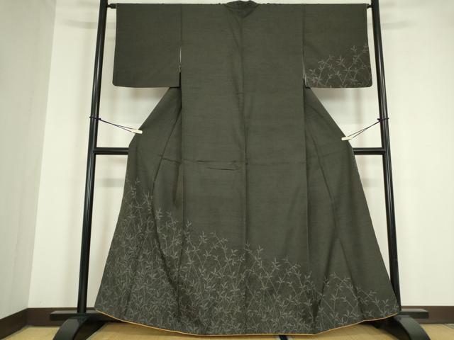 平和屋着物●訪問着 紬地 草葉文 黒地 正絹 逸品 DAAY9784az
