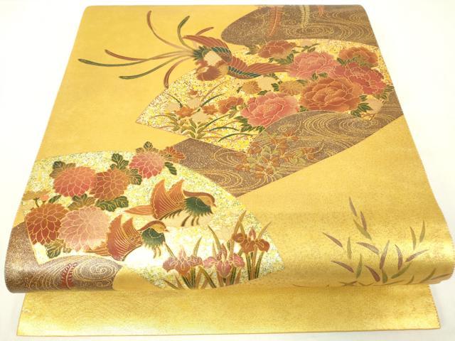 平和屋着物▼六通柄袋帯 地紙鳳凰牡丹文 金彩 引箔 正絹 逸品 DAAY9772az