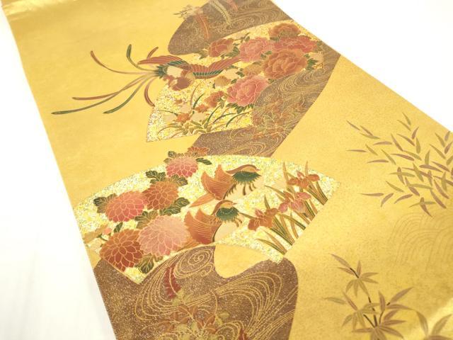 平和屋着物▼六通柄袋帯 地紙鳳凰牡丹文 金彩 引箔 正絹 逸品 DAAY9772az