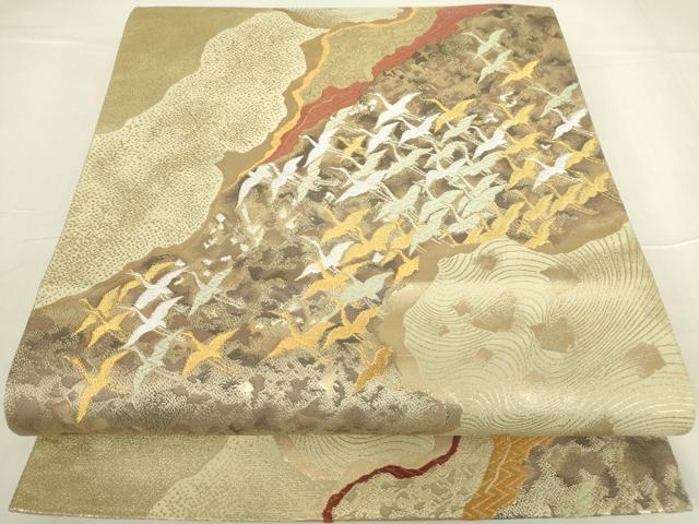 平和屋着物▼六通柄袋帯 群鶴滄海文 金銀糸 正絹 逸品 DAAY9823az