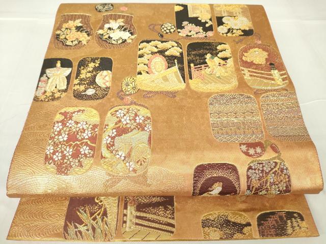 平和屋着物▼六通柄袋帯 人物花文 金糸 引箔 正絹 逸品 DAAY9878az