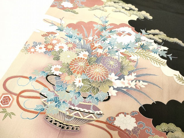 平和屋着物■豪華黒留袖 駒刺繍 飾花文 暈し染め 金彩 正絹 逸品 DABA5193cd