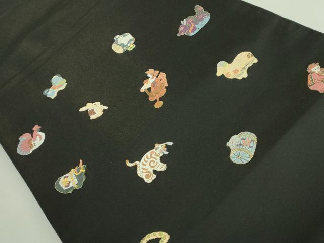平和屋着物●極上 太鼓柄袋帯 唐織 十二支 干支 黒地 金糸 逸品 DZAB2855kh6