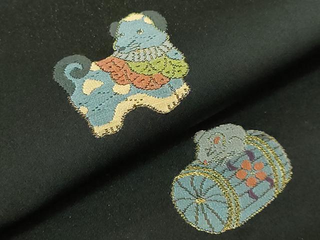 平和屋着物●極上 太鼓柄袋帯 唐織 十二支 干支 黒地 金糸 逸品 DZAB2855kh6