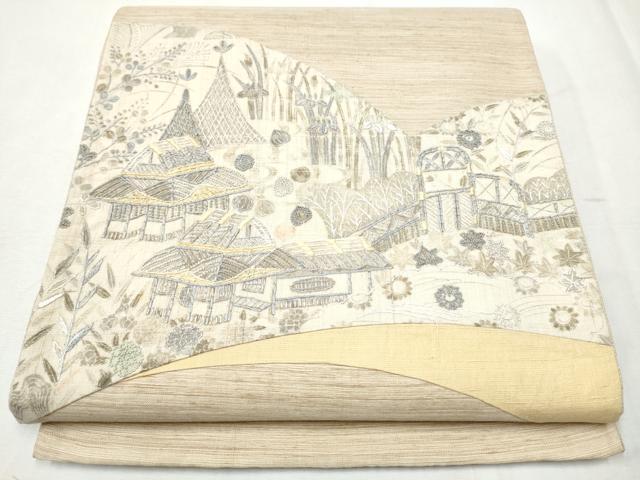 平和屋着物●中国三大刺繍　相良刺繍　太鼓柄袋帯　紬地　切嵌　風景文　正絹　逸品　CABB5621hy 平和屋着物○中国三大刺繍 相良刺繍 太鼓柄袋帯 紬地 切