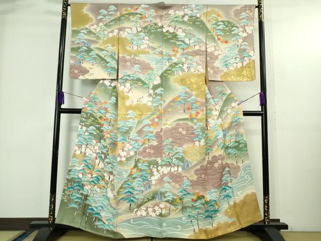 平和屋本店●極上 訪問着 友禅 風景松樹林文 暈し染め 金彩 逸品 未使用 DZAA4118kh6