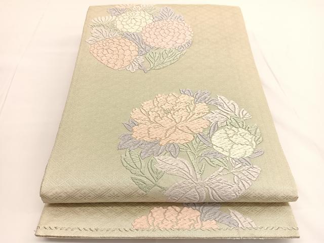 平和屋着物◎佐賀錦 六通柄袋帯 唐織 牡丹菊文 銀糸 正絹 逸品 BAAV9659hv