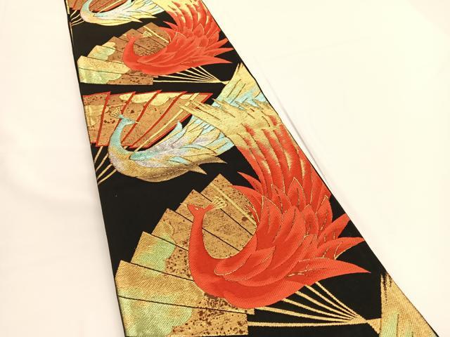 平和屋着物◎六通柄袋帯 唐織 鳳凰扇面文 黒地 金銀糸 正絹 逸品 BAAV9652hv
