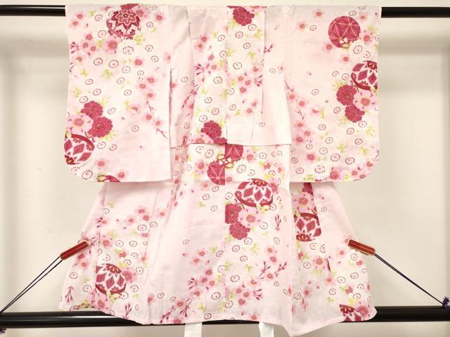 平和屋着物∴夏物 綿紅梅 浴衣 子供 女の子 3歳 鞠 舞桜 暈し染め 綿 DAAY3491ma