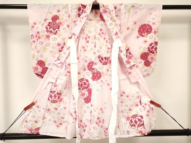 平和屋着物∴夏物 綿紅梅 浴衣 子供 女の子 3歳 鞠 舞桜 暈し染め 綿 DAAY3491ma