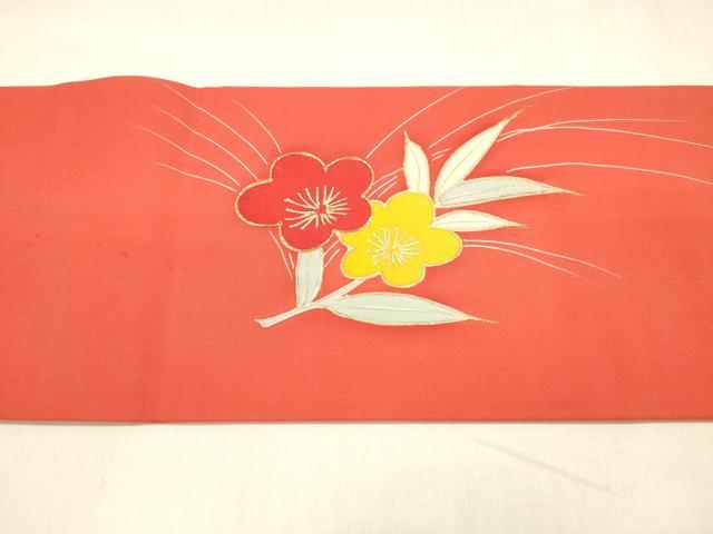 平和屋着物●塩瀬 九寸名古屋帯 駒刺繍 笹竹枝花文 金彩 正絹 逸品 DABA0639cm