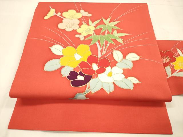 平和屋着物●塩瀬 九寸名古屋帯 駒刺繍 笹竹枝花文 金彩 正絹 逸品 DABA0639cm