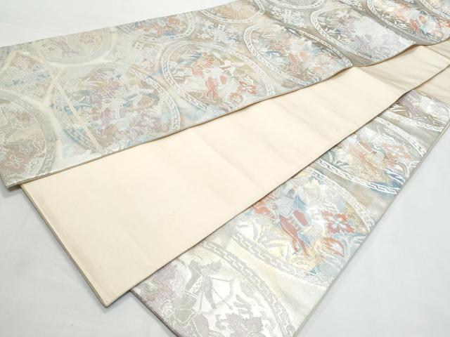 平和屋着物◎六通柄袋帯 狩猟文 手織 古都錦 銀糸 引箔 正絹 逸品 CABB3700fb