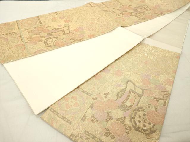 平和屋着物◎六通柄袋帯 御所車花文 金糸 正絹 逸品 DABA5342cd