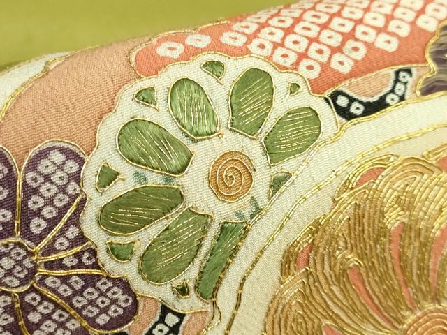 平和屋着物●極上 アンティーク 大正ロマン 太鼓柄袋帯 駒刺繍 鏡裏花文 金糸 逸品 DZAB3122kh6