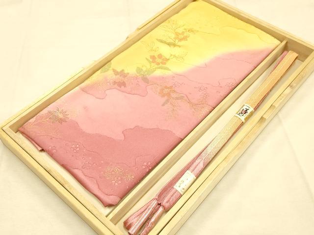 平和屋本店●和装小物 帯締め・帯揚げセット 笹浪組 草花文 籠目 暈し染め 金糸 金彩 正絹 逸品 未使用 AABD9770ay
