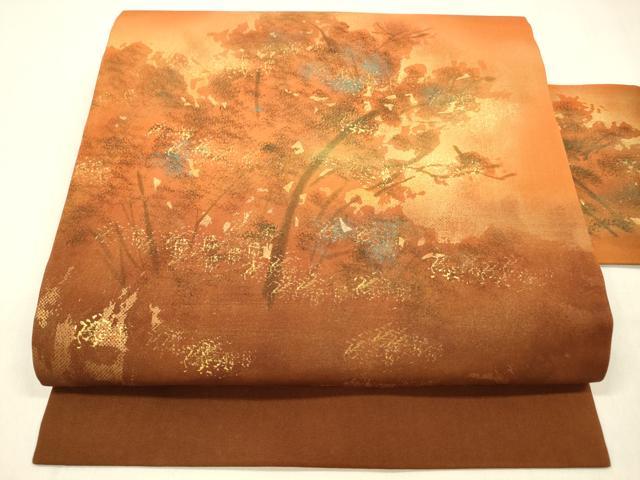 平和屋着物●塩瀬 九寸名古屋帯 ろうけつ染め 樹林文 金彩 正絹 逸品 DABA0805cm