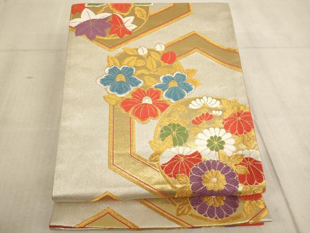 平和屋着物∵子供 全通柄袋帯 唐織 亀甲花丸文 金糸 逸品 AABE2237ja
