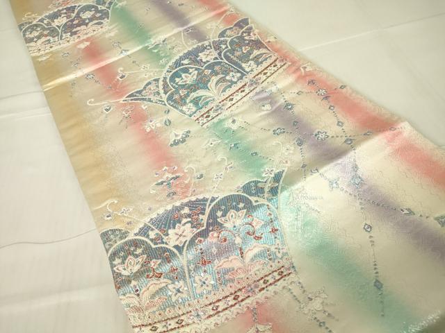 平和屋着物▼両面 六通柄袋帯 九百錦 オリエント 洋花文 銀糸 正絹 逸品 DABA4038az