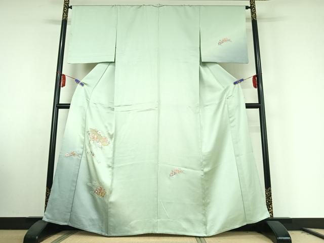 平和屋着物▽訪問着 単衣 総刺繍 立波花文 金糸 正絹 逸品 AABE6873jh
