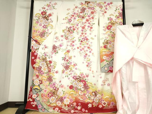 平和屋着物●豪華振袖・長襦袢(無双仕立て)セット 駒刺繍 吉祥花尽くし文 銀通し地 京都きもの友禅扱い 正絹 逸品 DABA4108az