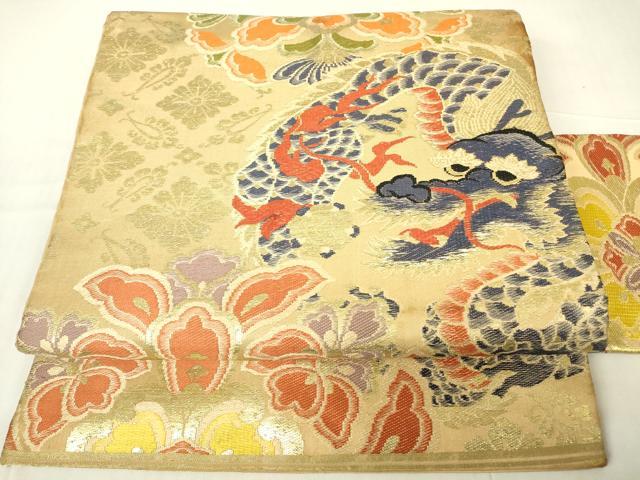 平和屋着物●アンティーク 大正ロマン 九寸名古屋帯 唐織 龍 正倉院花文 金糸 正絹 逸品 DABA4180az