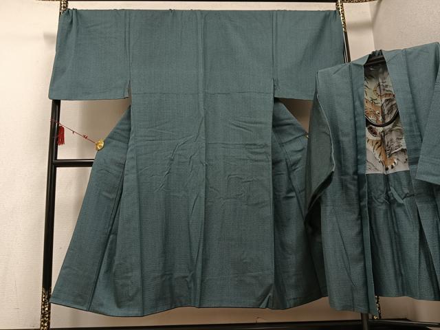 平和屋着物●男性 お召 アンサンブル 亀甲柄 キングサイズ 正絹 逸品 AABE8923ph