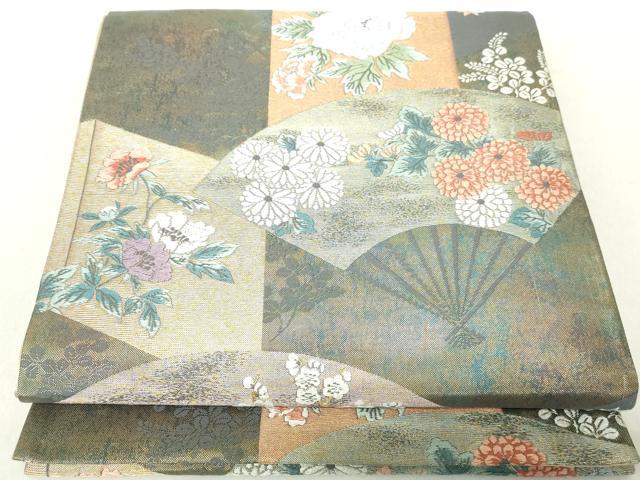 平和屋着物◎六通柄袋帯 唐織 扇面枝花文 金糸 引箔 正絹 逸品 DABA9208qa