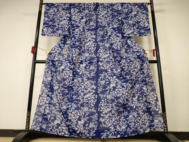 平和屋着物*夏物 小紋 絽 風景草花文 洗える着物 AABE7458jd