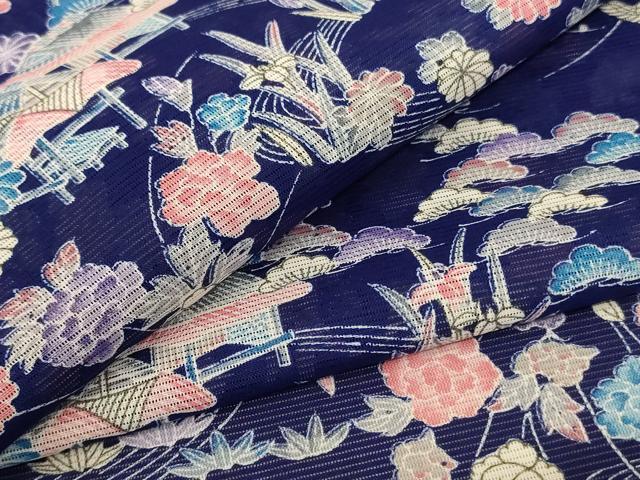平和屋着物*夏物 小紋 絽 風景草花文 洗える着物 AABE7458jd