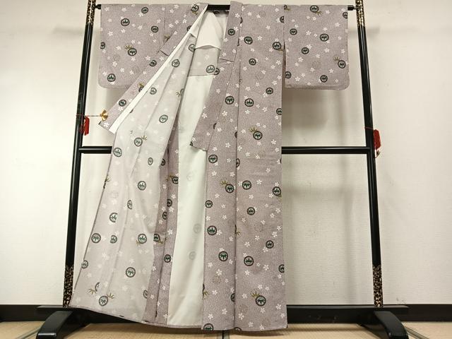 平和屋着物▽小紋 単衣 笹の葉文 金彩 洗える着物 AABE5695fy