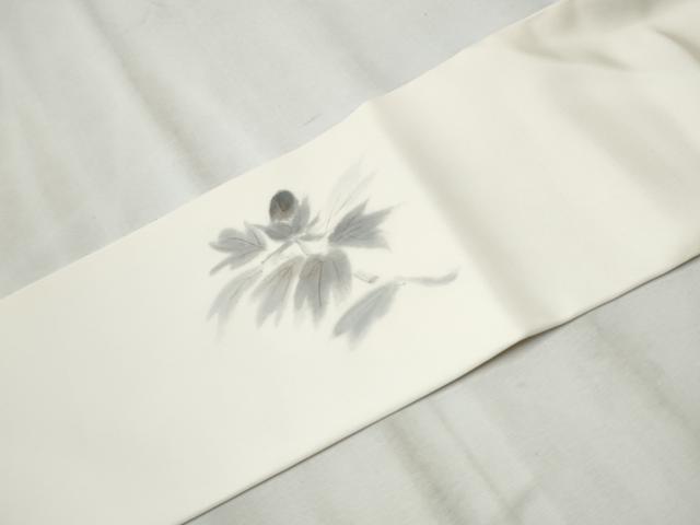 平和屋着物●塩瀬 九寸名古屋帯 手描き 枝牡丹 金彩 正絹 逸品 CABB9287hy