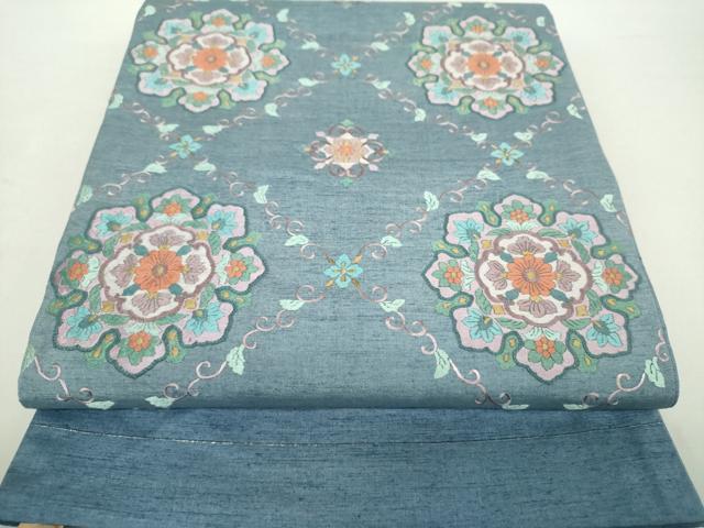 平和屋着物●太鼓柄袋帯 紬地 総刺繍 格子花文 正絹 逸品 未使用 DABA1716ps